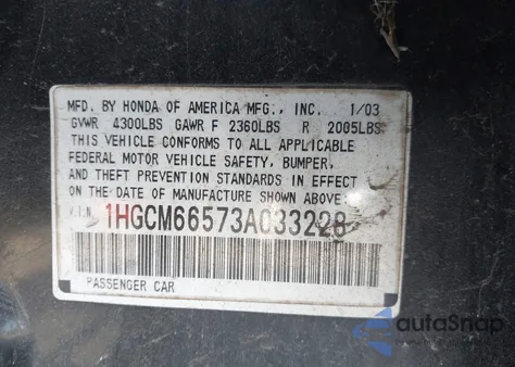 2003 Honda Accord 3.0 Ex from USA, damaged, VIN 1HGCM66573A033228